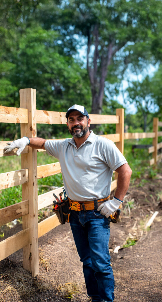 A middle-aged bearded man who works as a fence builder, wearing a baseball cap long - San Antonio Deck and Fence Works