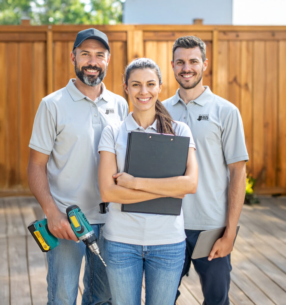 Professional deck and fence repair team standing together outdoors. Three people in m copy - San Antonio Deck and Fence Works