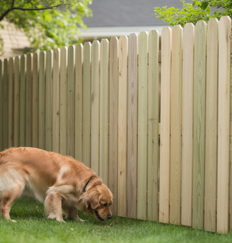 dog-and-fence - San Antonio Deck and Fence Works Dog sniffing the edge of a wooden fence boundary