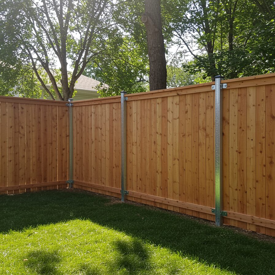 A backyard with a cedar wooden privacy fence built from vertical planks in natural li 598708 - San Antonio Deck and Fence Works Wooden fence with metal posts.-deck builder-San Antonio, Texas