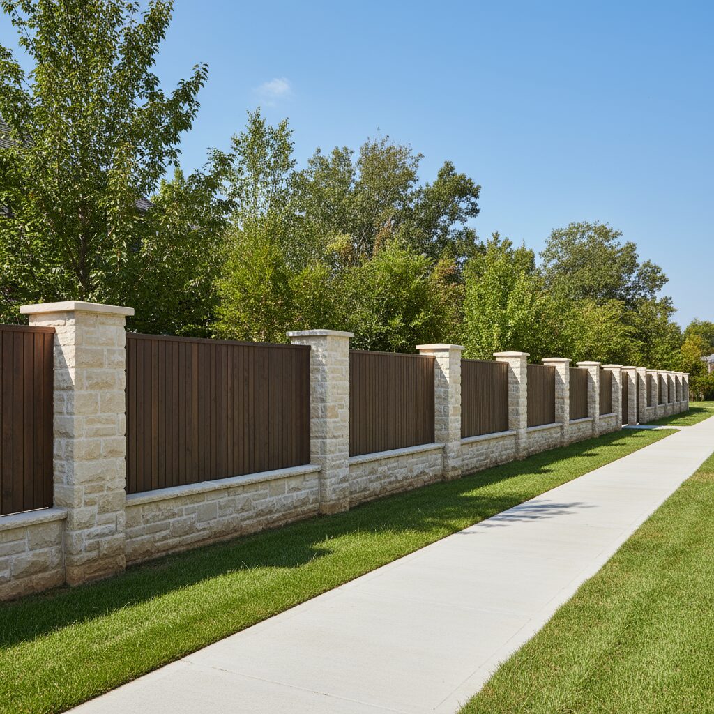 A luxury residential property bordered by a stone and wood privacy fence. The lower p 845387 - San Antonio Deck and Fence Works Stone pillars with dark wood fence-deck builder-San Antonio, Texas