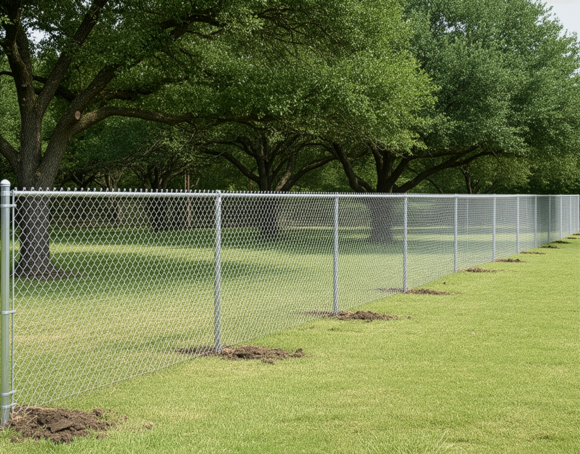 Metal chain-link fence on grass.-deck builder-San Antonio, Texas