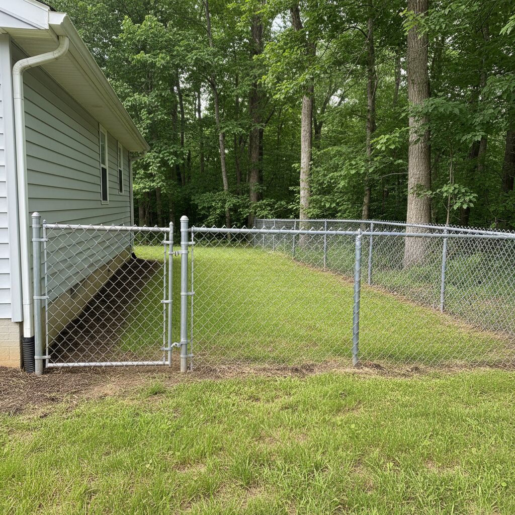 Chain-link fence with a small metal gate beside a house with light gray siding Fence 239107 - San Antonio Deck and Fence Works Metal chain-link fence with gate-deck builder-San Antonio, Texas