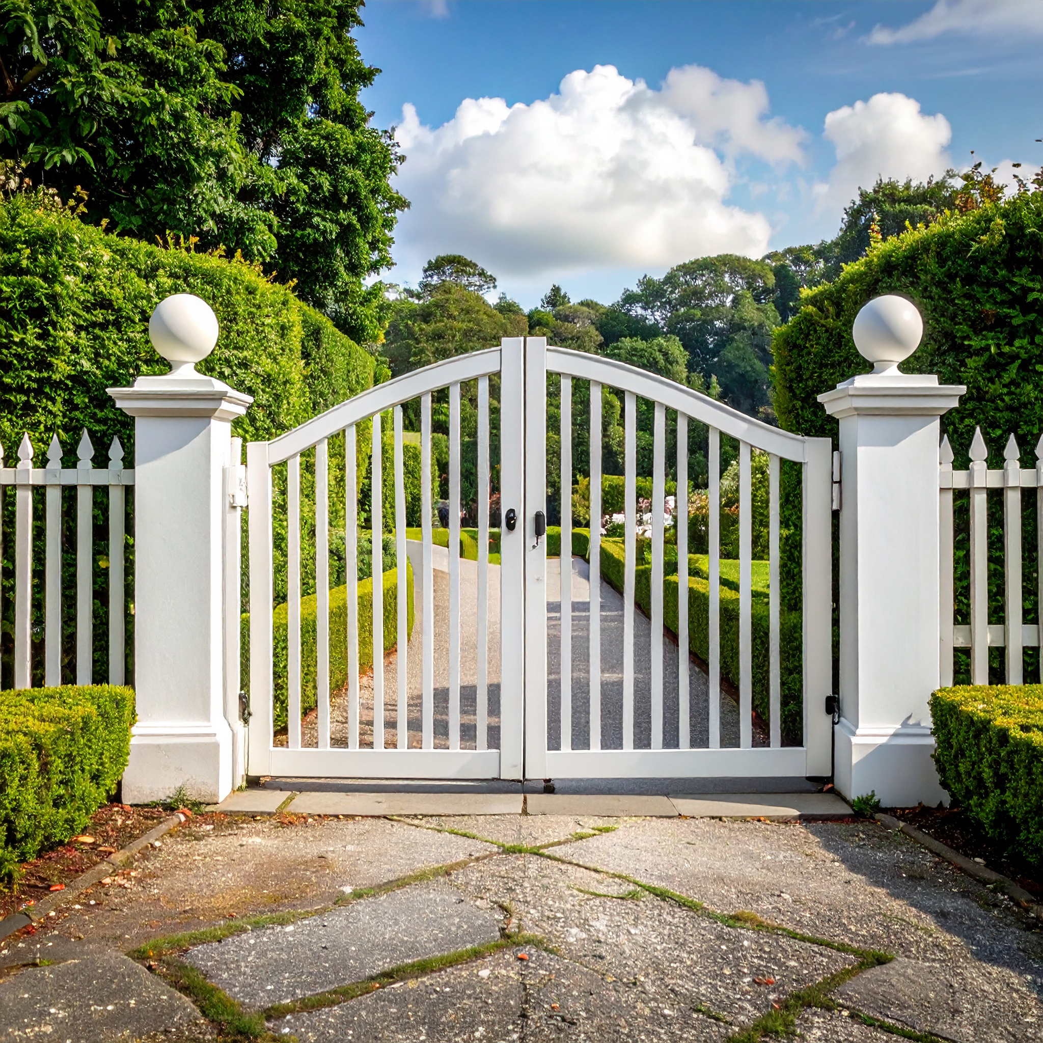 Classic white picket estate gate curved design flanked by white columns with round 419932 - San Antonio Deck and Fence Works White wooden gate with pillars-deck builder-San Antonio, Texas