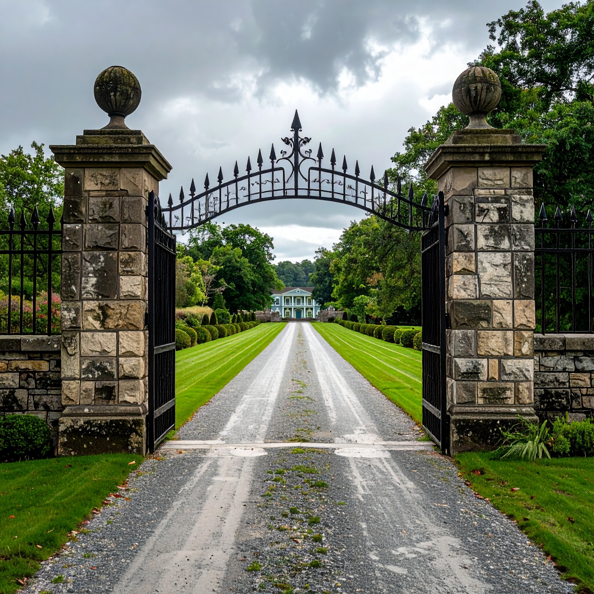 Classic wrought iron estate gate with pointed finials tall stone columns with decora 179056 - San Antonio Deck and Fence Works Stone pillars with wrought iron gate-deck builder-San Antonio, Texas