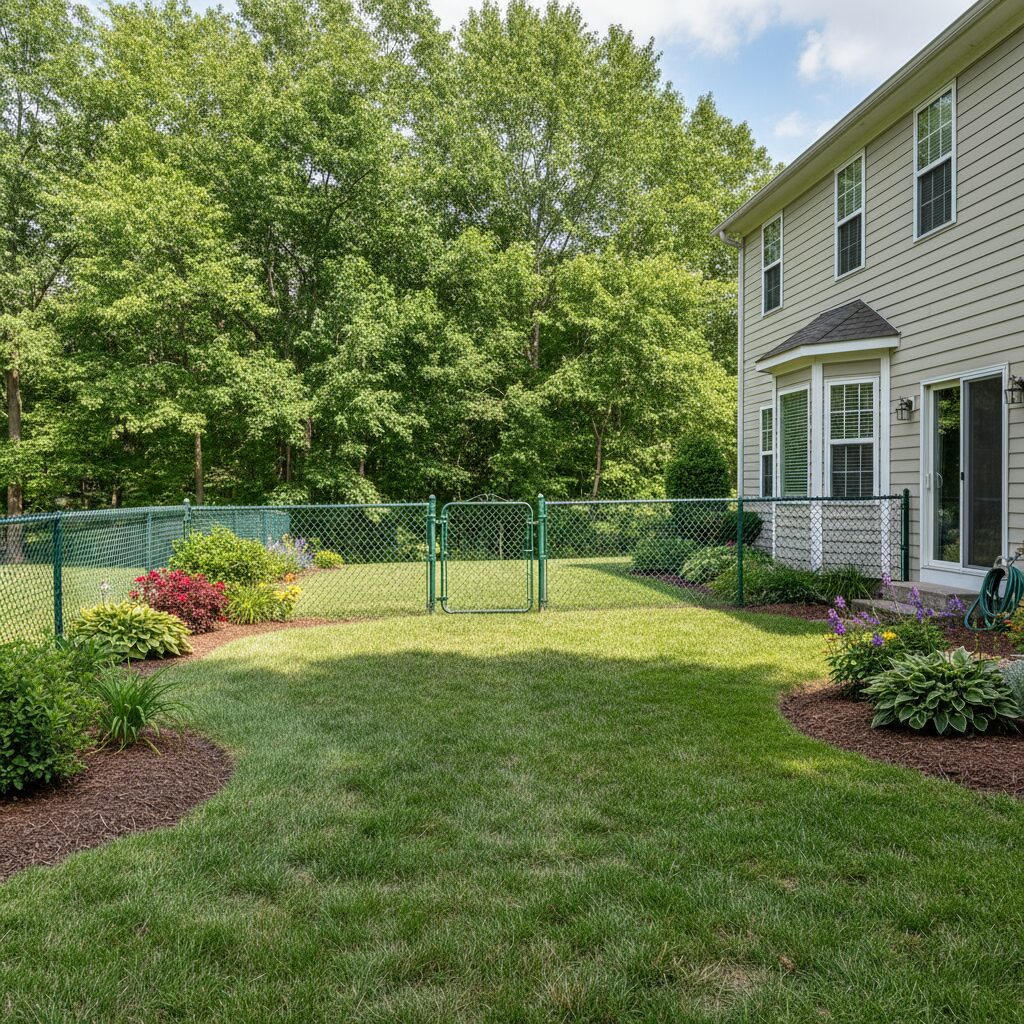 Residential backyard with green chain-link fence and small swinging gate siding of l 674790 - San Antonio Deck and Fence Works Green chain-link fence with plants.-deck builder-San Antonio, Texas
