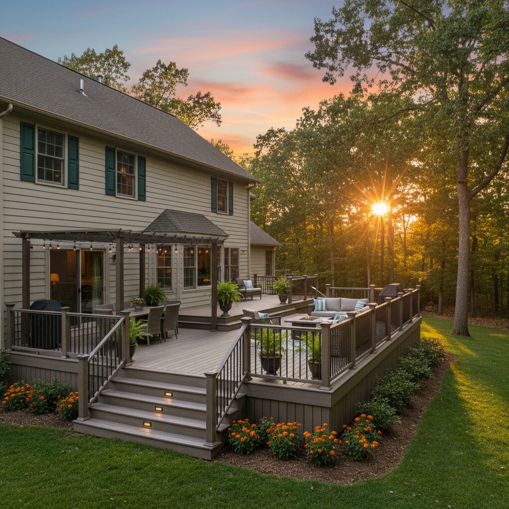 Suburban home with a multilevel composite deck in their backyard in San Antonio - San Antonio Deck and Fence Works Composite deck with modern railings.-deck builder-San Antonio, Texas