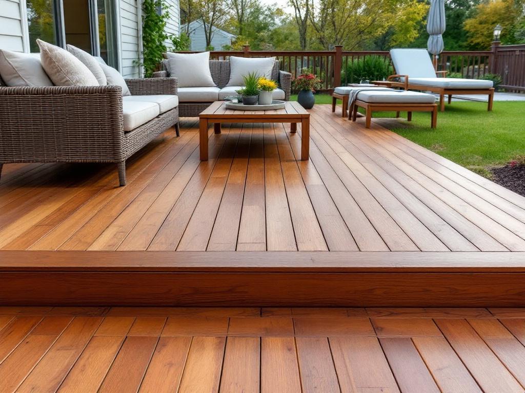 Wide-angle hero photo of a newly repaired deck with clean lines, warm wood tones, and 417382 - San Antonio Deck and Fence Works Wooden deck with wicker furniture and plants.-deck builder-San Antonio, Texas