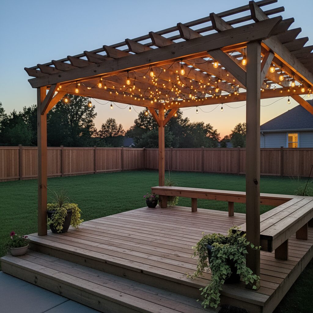 Wooden pergola with string lights.-deck builder-San Antonio, Texas