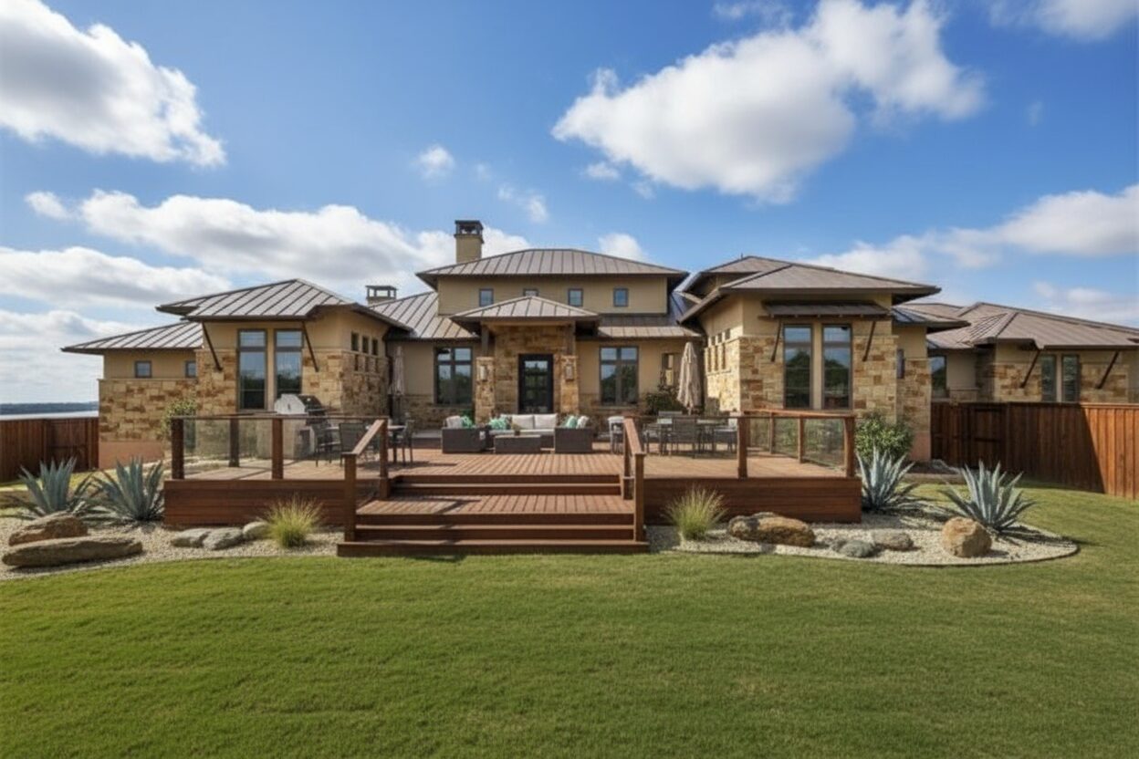 Stone house, wooden deck, metal roof.-deck builder-San Antonio, Texas