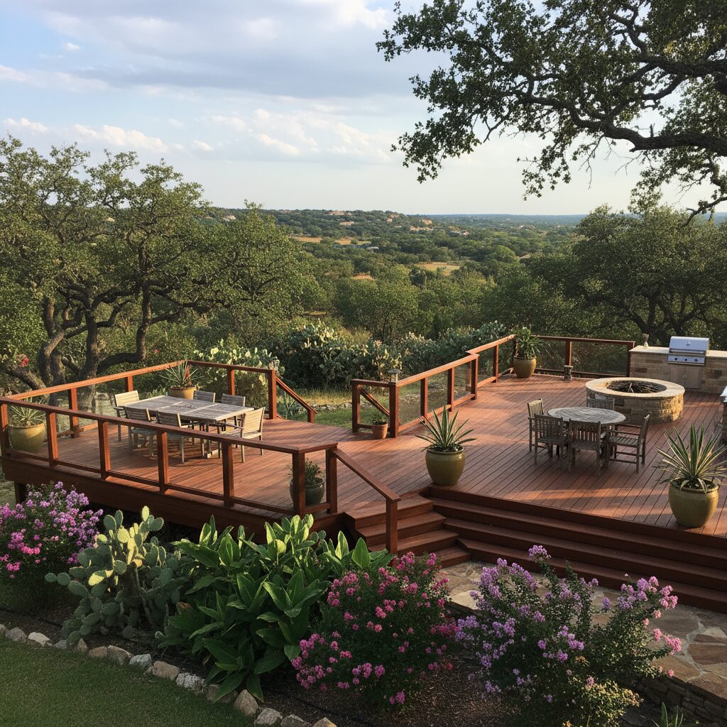 big redwood stained multilevel deck overlooking the hill country in central texas reg 785661 - San Antonio Deck and Fence Works Wood deck with glass railings.-deck builder-San Antonio, Texas
