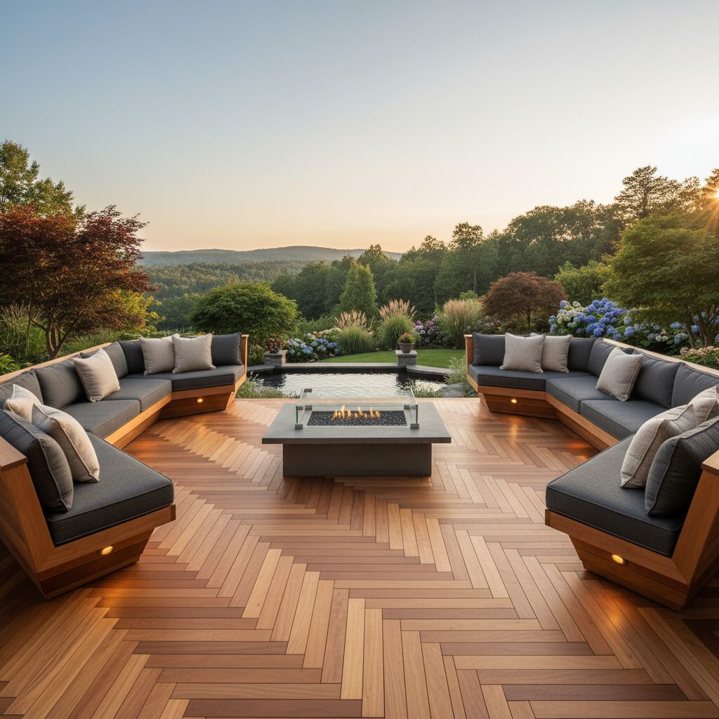 built in benches - San Antonio Deck and Fence Works Wood deck with modern fire pit.-deck builder-San Antonio, Texas
