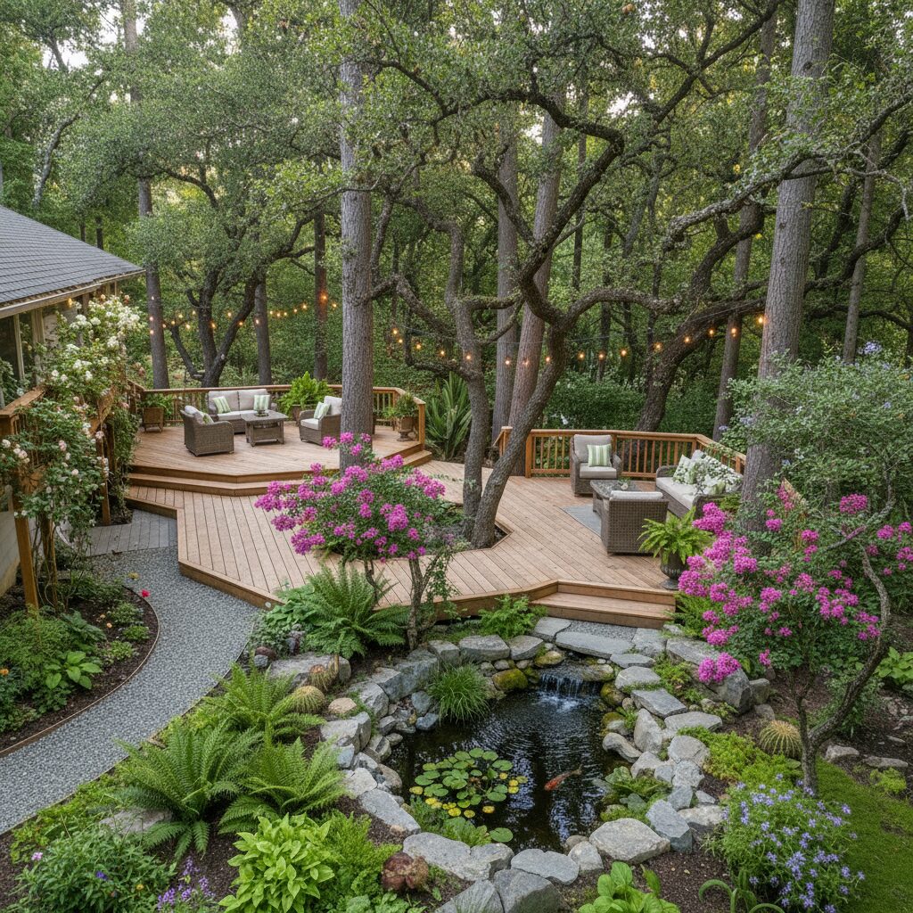 central texas garden deck - San Antonio Deck and Fence Works Wood deck, stone pond, lush greenery.-deck builder-San Antonio, Texas