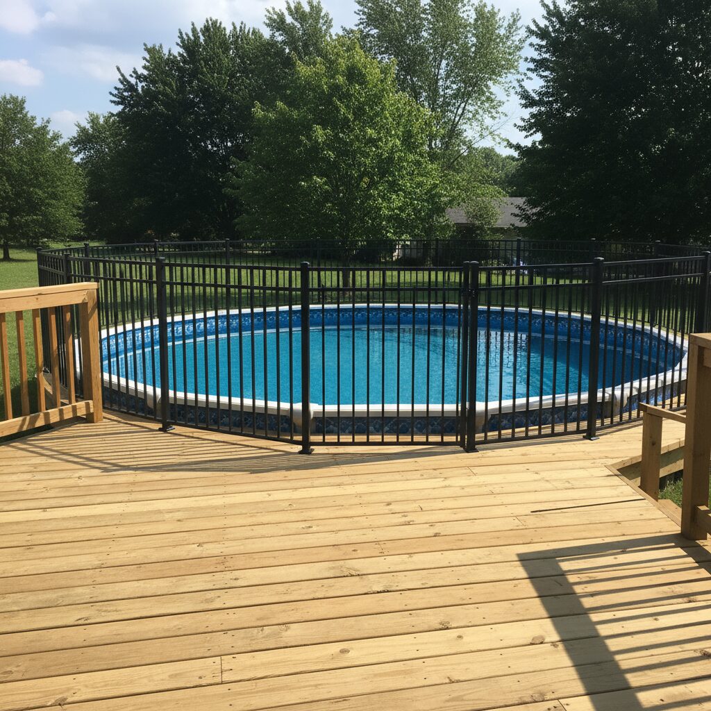 Black metal fence, wooden deck, pool.-deck builder-San Antonio, Texas