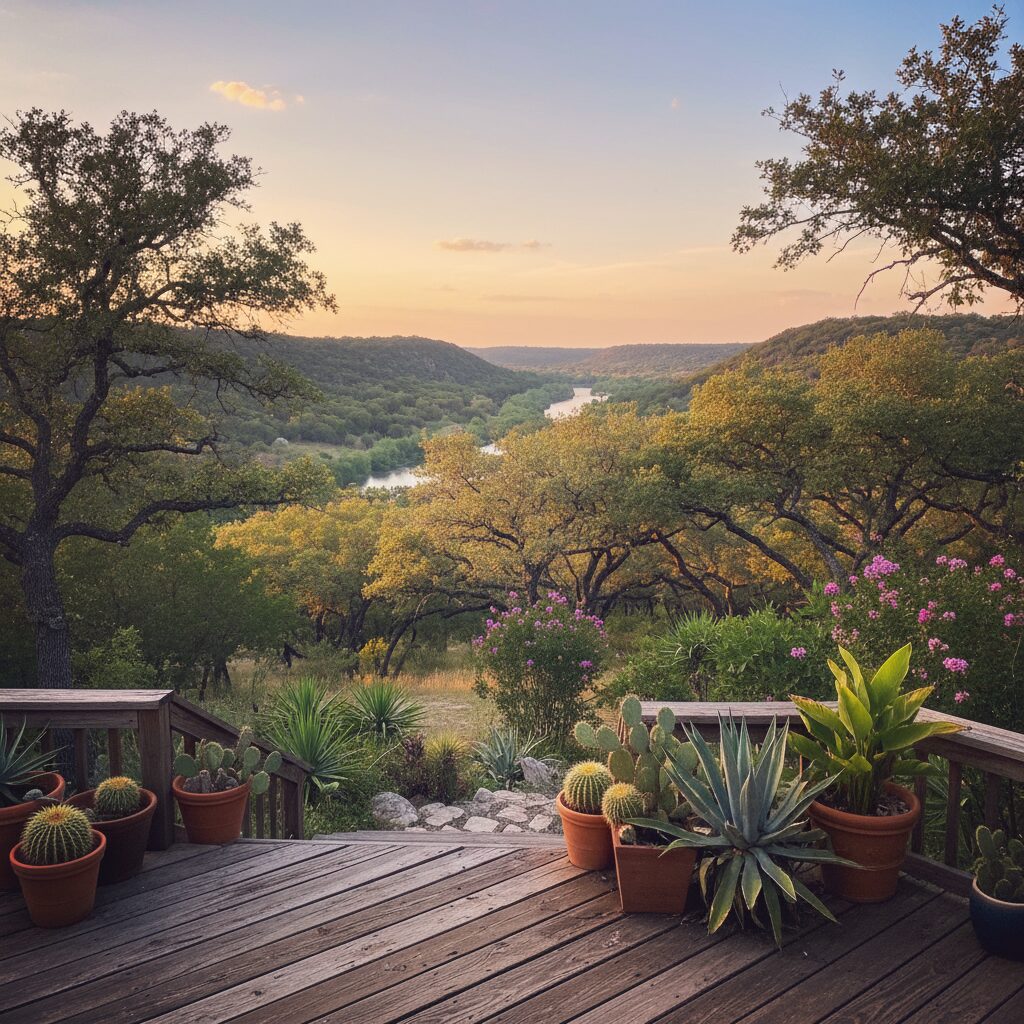 deck overlooking the hill country in central texas region, cactus, and mesquite trees 145607 - San Antonio Deck and Fence Works Wooden deck with potted plants.-deck builder-San Antonio, Texas