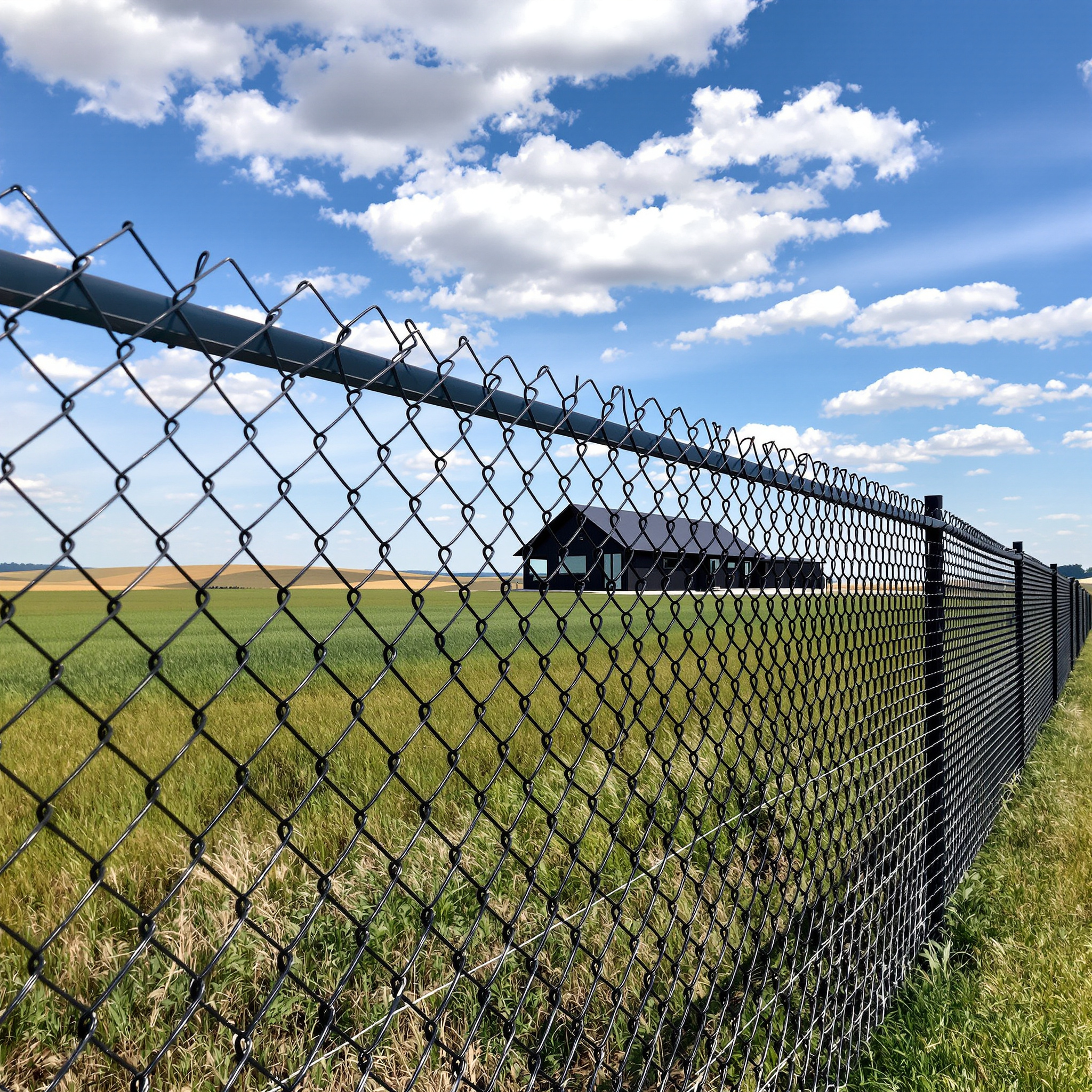 e rural property with black chain-link fence enclosing a large yard modern b 829290 - San Antonio Deck and Fence Works Black chain-link fence, green field.-deck builder-San Antonio, Texas