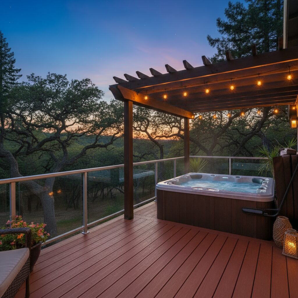 hot tub composite deck dusk - San Antonio Deck and Fence Works Brown wood deck with pergola.-deck builder-San Antonio, Texas