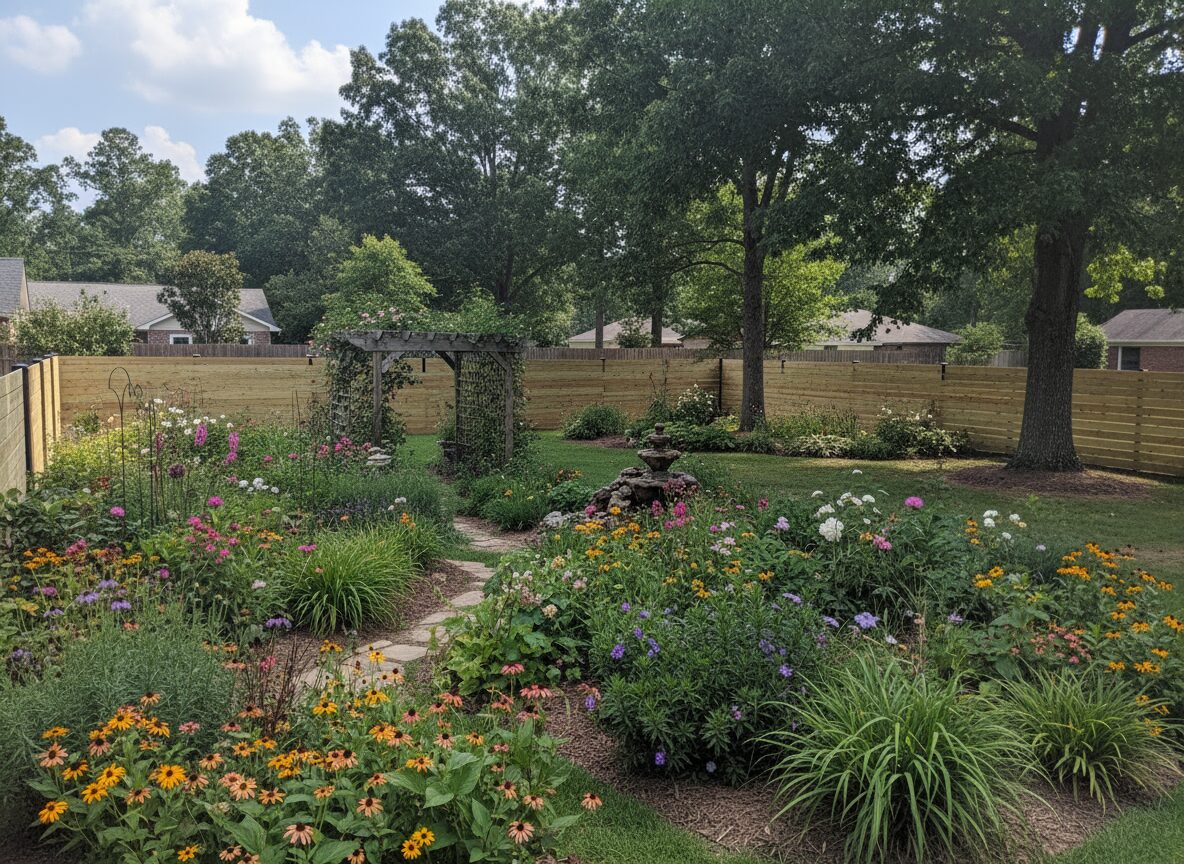 Wooden fence, garden arch, colorful flowers.-deck builder-San Antonio, Texas