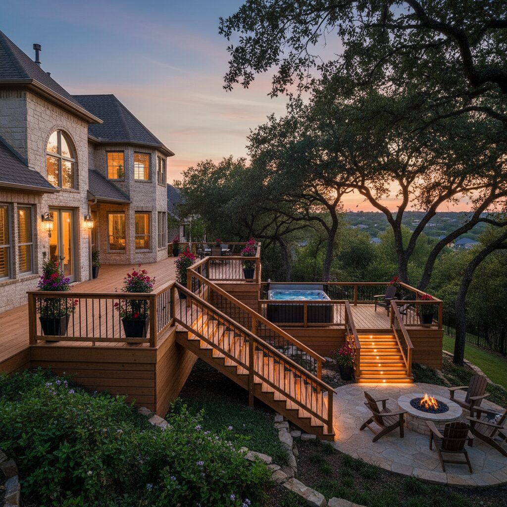 multi-level-sloping yard - San Antonio Deck and Fence Works Multi-level wood deck with hot tub.-deck builder-San Antonio, Texas