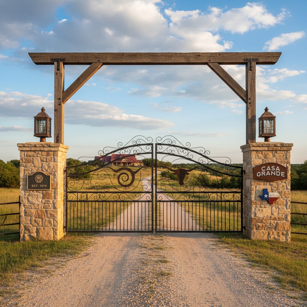 Stone pillars, wrought iron gate, wood beam.-deck builder-San Antonio, Texas