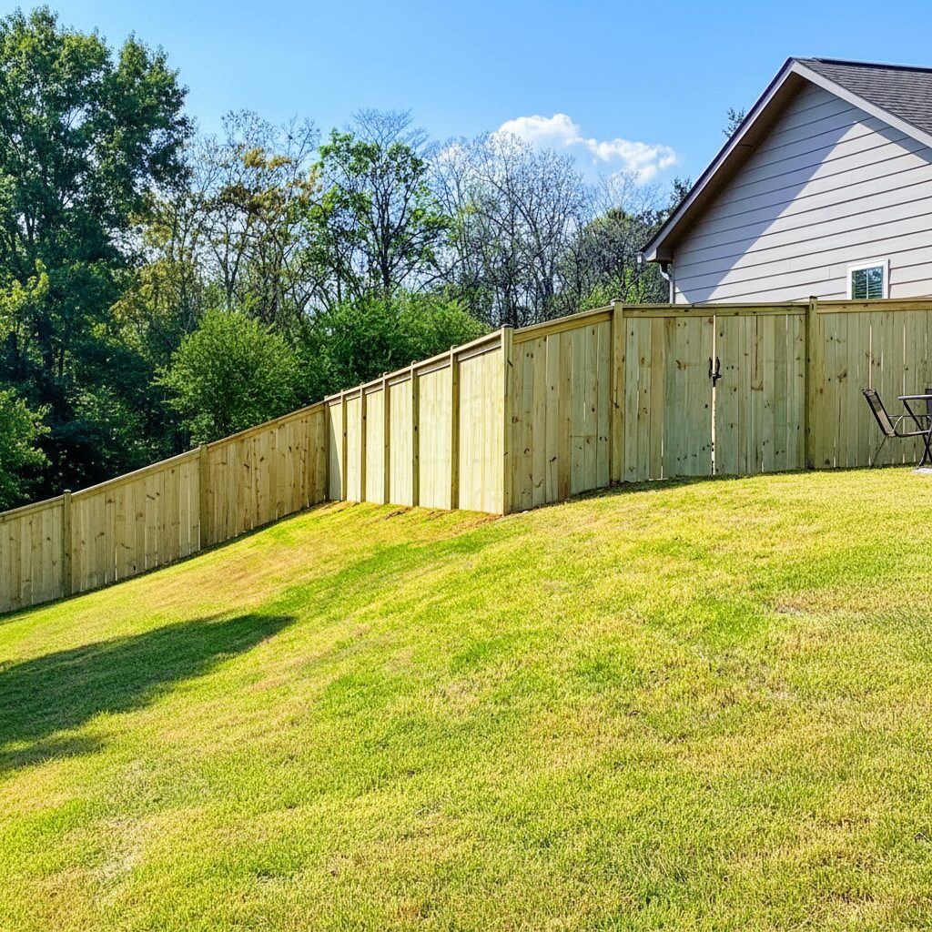 Wooden privacy fence on grassy slope-deck builder-San Antonio, Texas