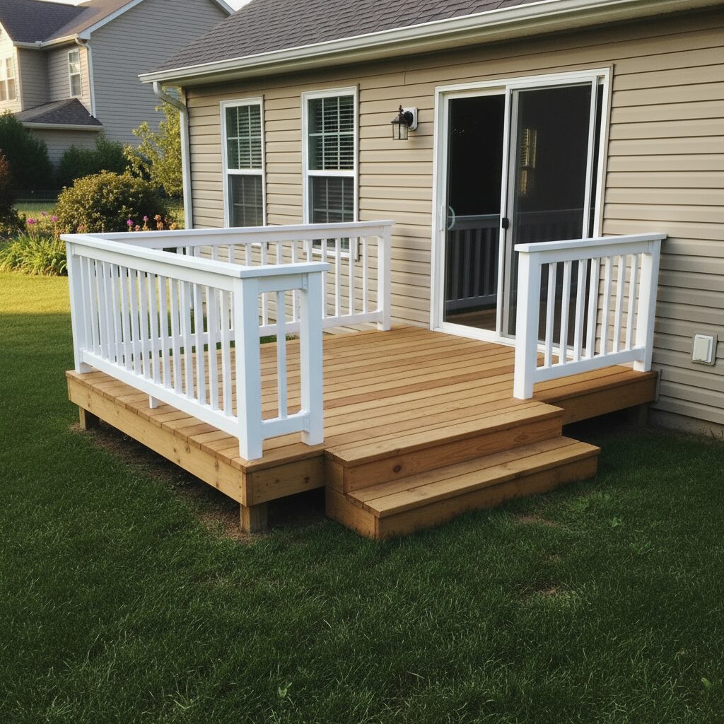Wood deck with white railings.-deck builder-San Antonio, Texas