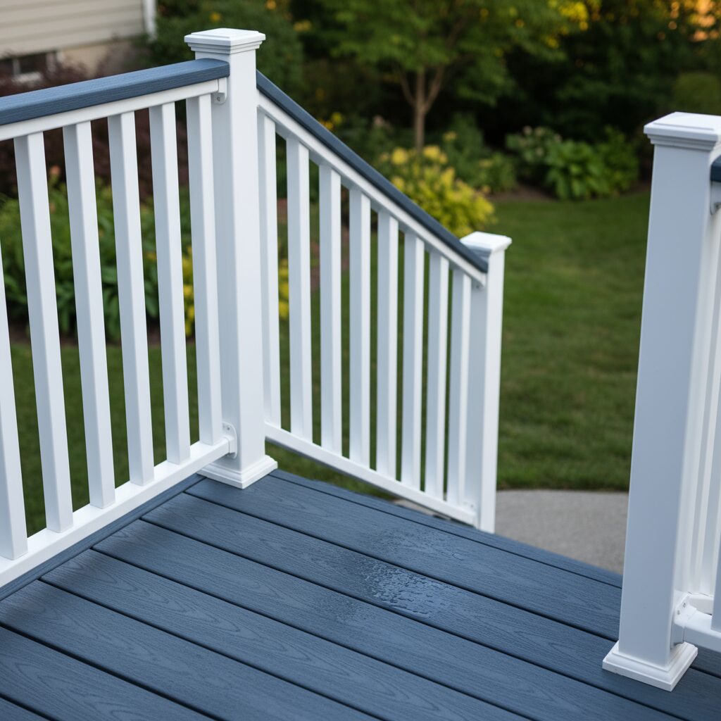 up close composite deck stairs and railings blue grey colored with white rails_ 787807 - San Antonio Deck and Fence Works White railing with gray composite decking.-deck builder-San Antonio, Texas