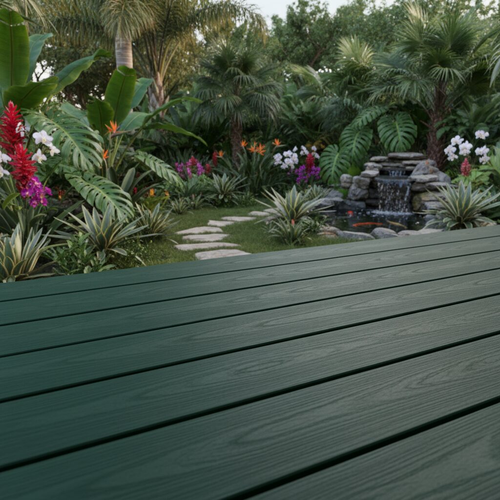 up close dark green new composite deck overlooking a backyard oasis lush garden with 787807 - San Antonio Deck and Fence Works Green composite deck with garden path.-deck builder-San Antonio, Texas