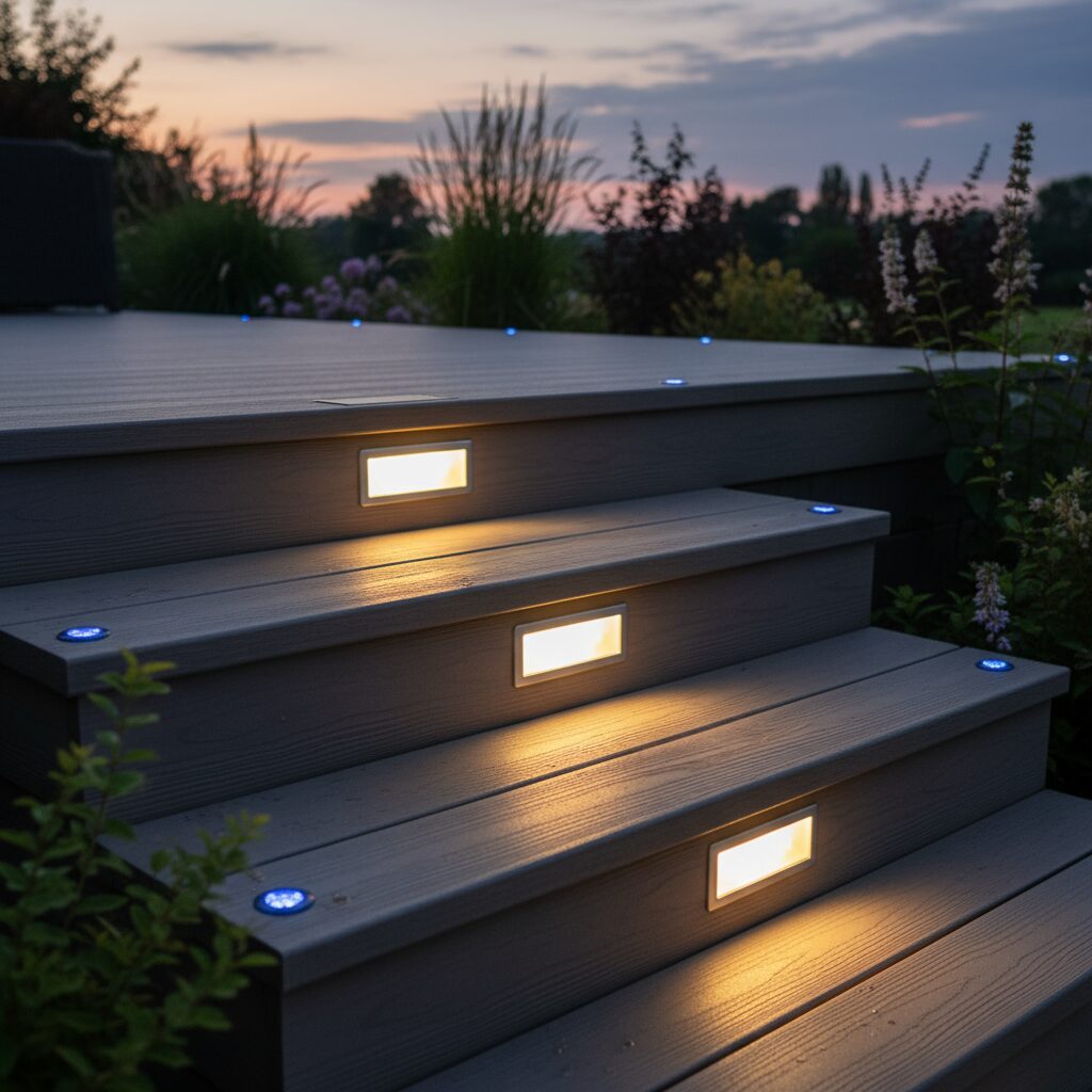 up close to composite deck with risers and solar lights at dusk 787807 - San Antonio Deck and Fence Works composite deck image - deck builder-San Antonio, Texas