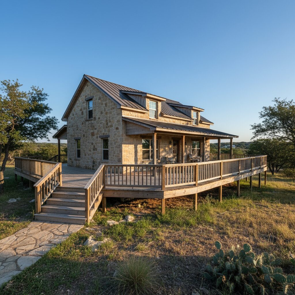 Stone house with wooden deck railing.-deck builder-San Antonio, Texas