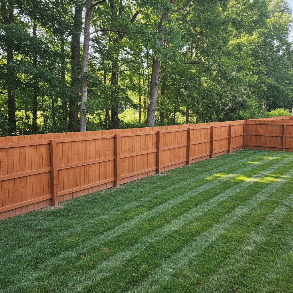 A backyard with a board-on-board wooden privacy fence stained in a warm reddish-brown 845387 - San Antonio Deck and Fence Works