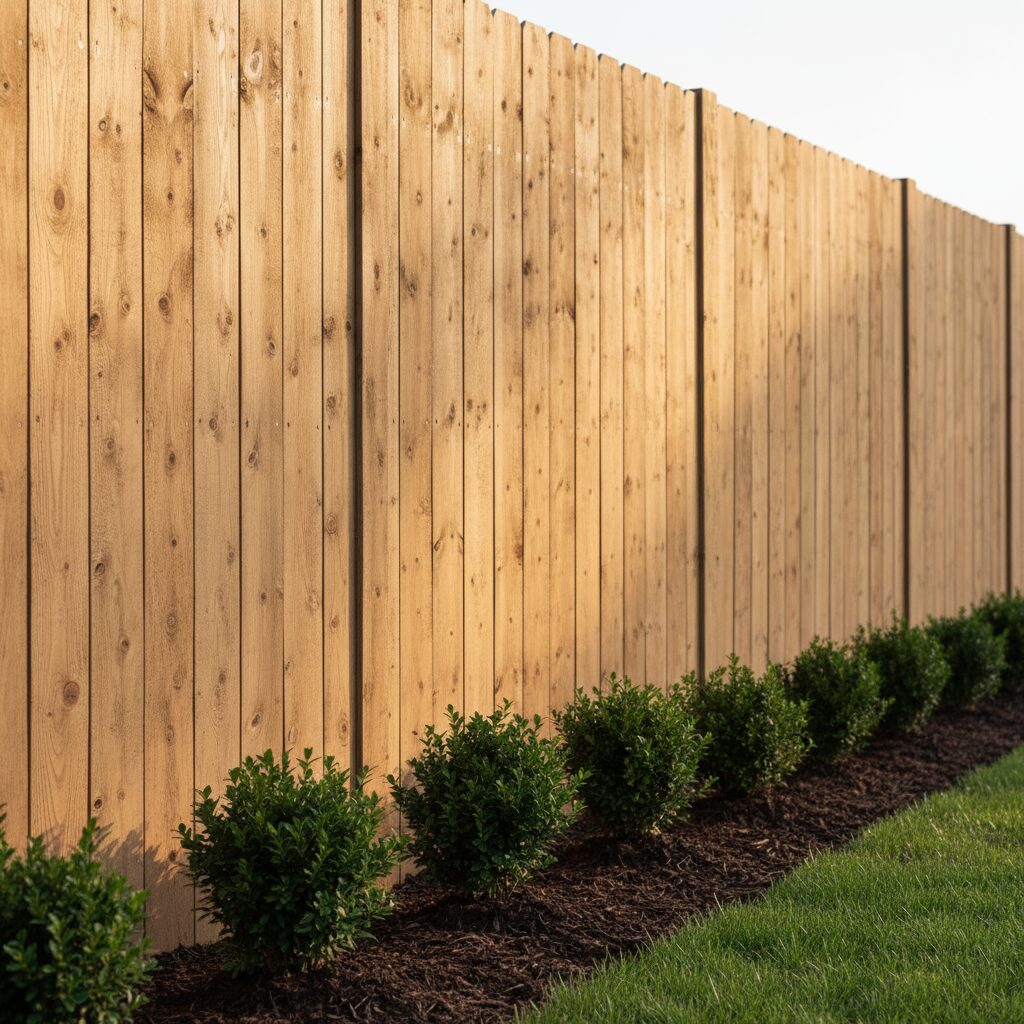 A backyard with a classic vertical wooden privacy fence built from natural cedar plan 834189 - San Antonio Deck and Fence Works