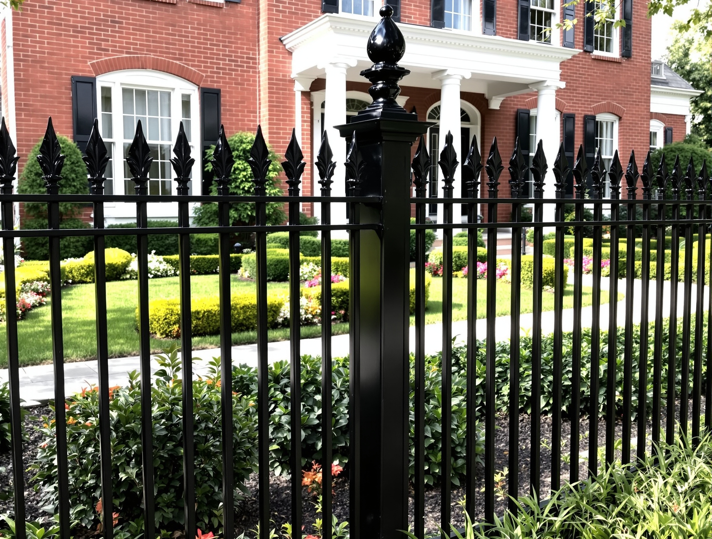 A front yard enclosed by a black wrought iron fence with vertical pickets and decorat 778688 - San Antonio Deck and Fence Works