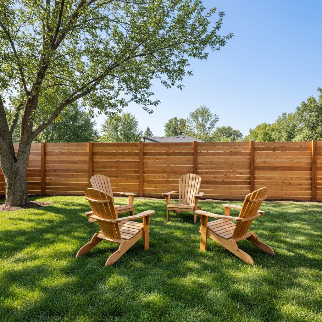 A modern backyard with a horizontal wooden privacy fence made of warm-toned planks an 834189 - San Antonio Deck and Fence Works