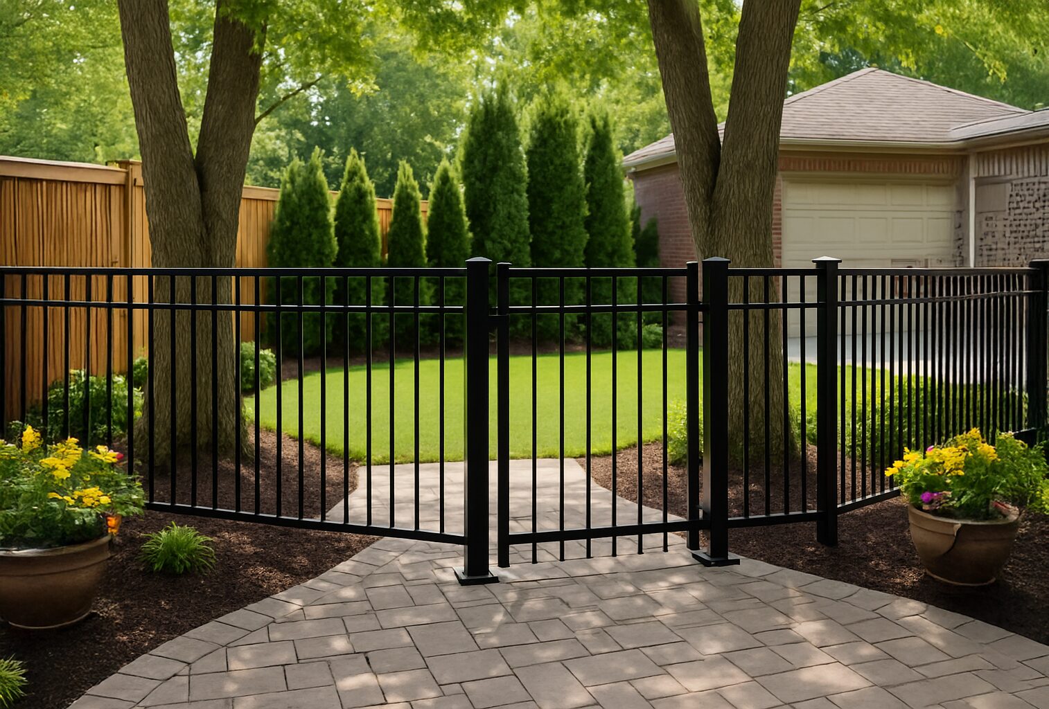 A suburban backyard with a black metal fence and swing gate in the foreground featur 135486 - San Antonio Deck and Fence Works