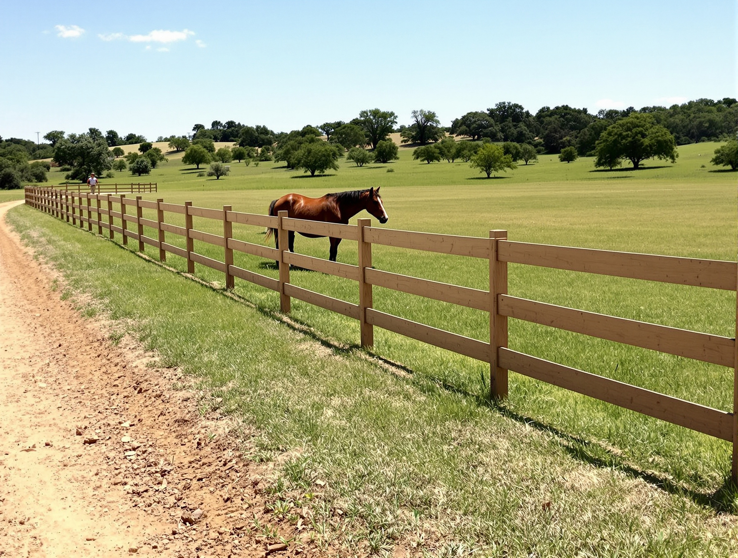 A wide open pasture enclosed by a new wooden ranch fence built with horizontal planks 368050 - San Antonio Deck and Fence Works